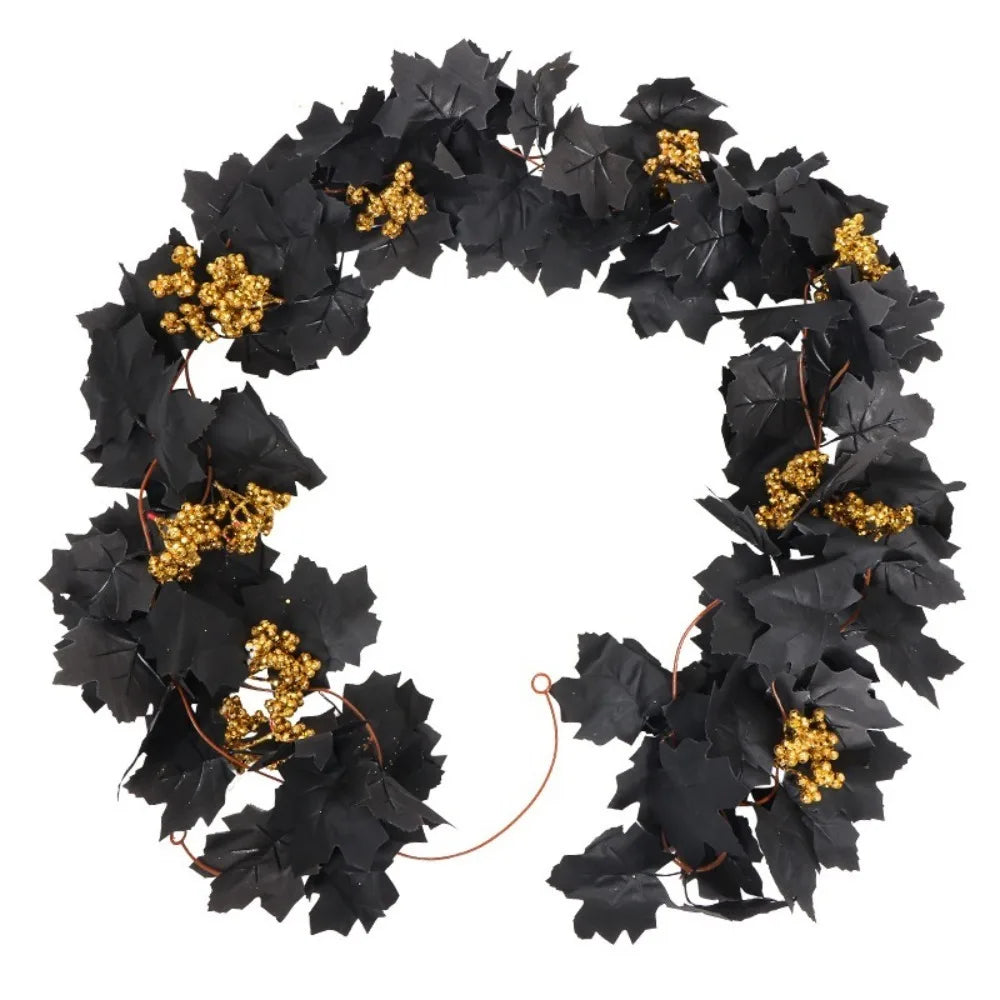guirlande décorative automnale feuilles noires dorées baies vigne plastique extérieure festive
