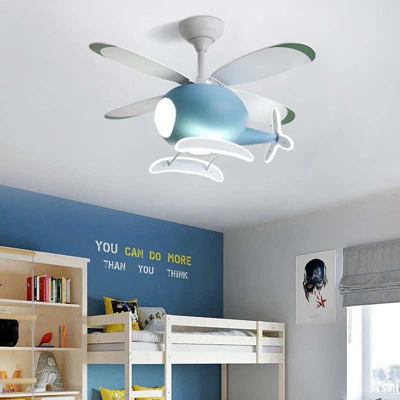 ventilateur moderne hélicoptère bleu rose enfantin led télécommande lumières