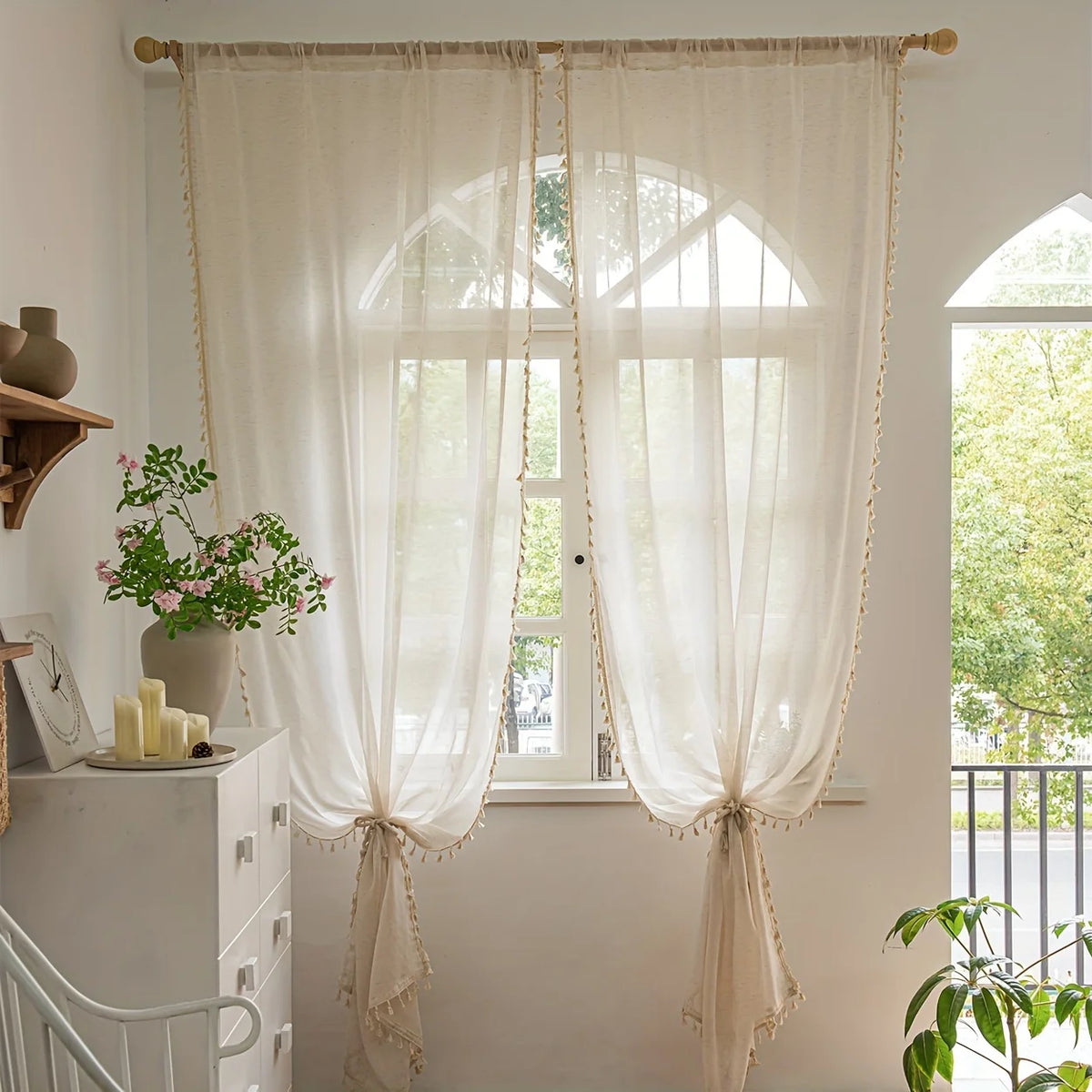 rideau rustique boho chic beige clair tissu polyester franges opacité