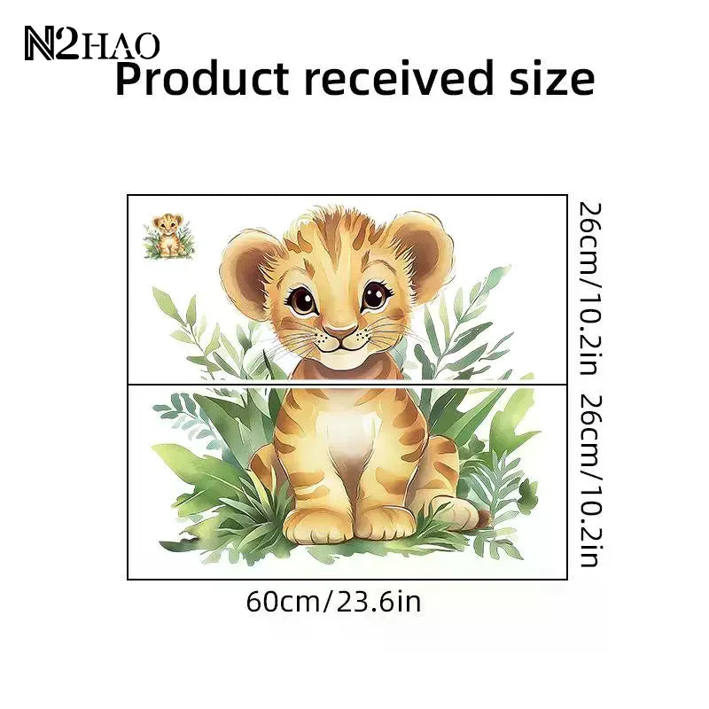 sticker mural lionceau illustration cartoon orange beige vert adhésif chambre enfant salon decoration maison