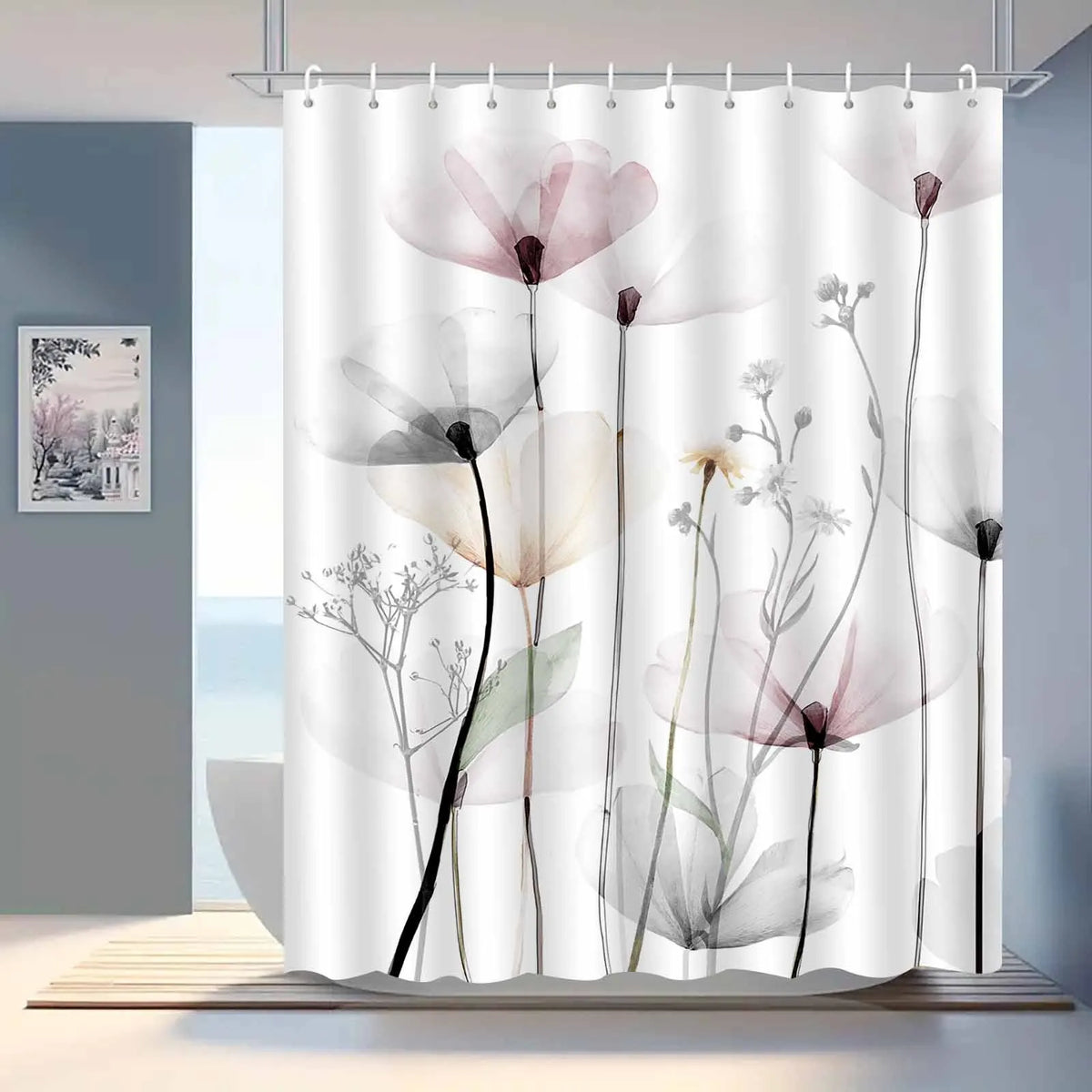 rideau douche polyester moderne fleurs stylisées feuilles pastel washable élégant