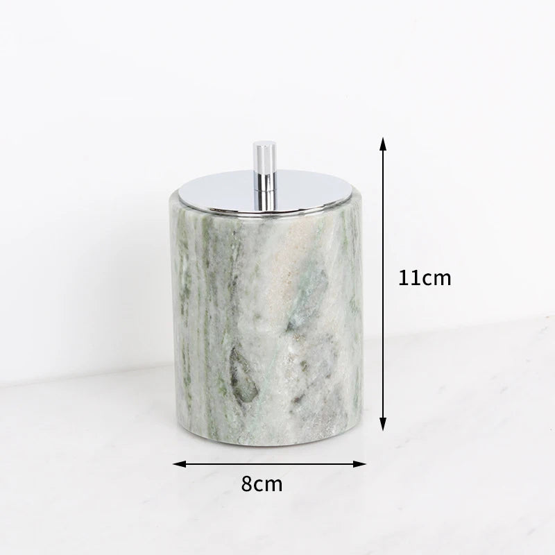 ensemble décoration salle bain marbre vert blanc moderne distributeur savon boîte mouchoirs flacon parfum
