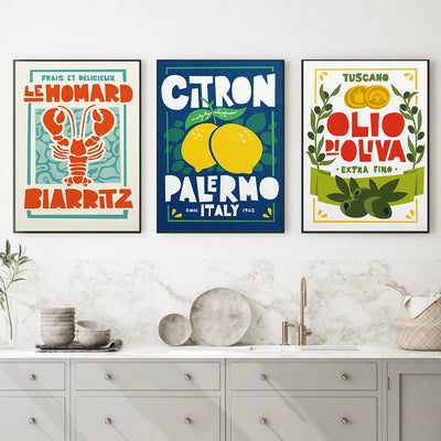Affiche de cuisine italienne huile d'olive citrons sur toile