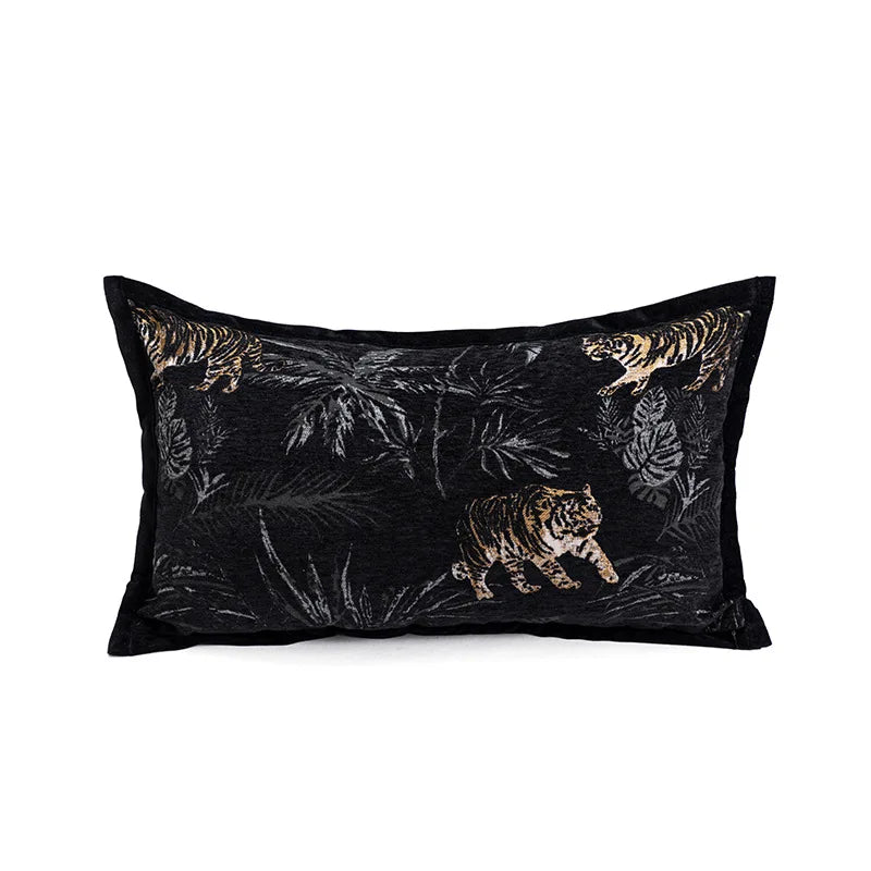 housse coussin jacquard motif forêt tropicale noir vert beige blanc décor maison voiture 45x45cm