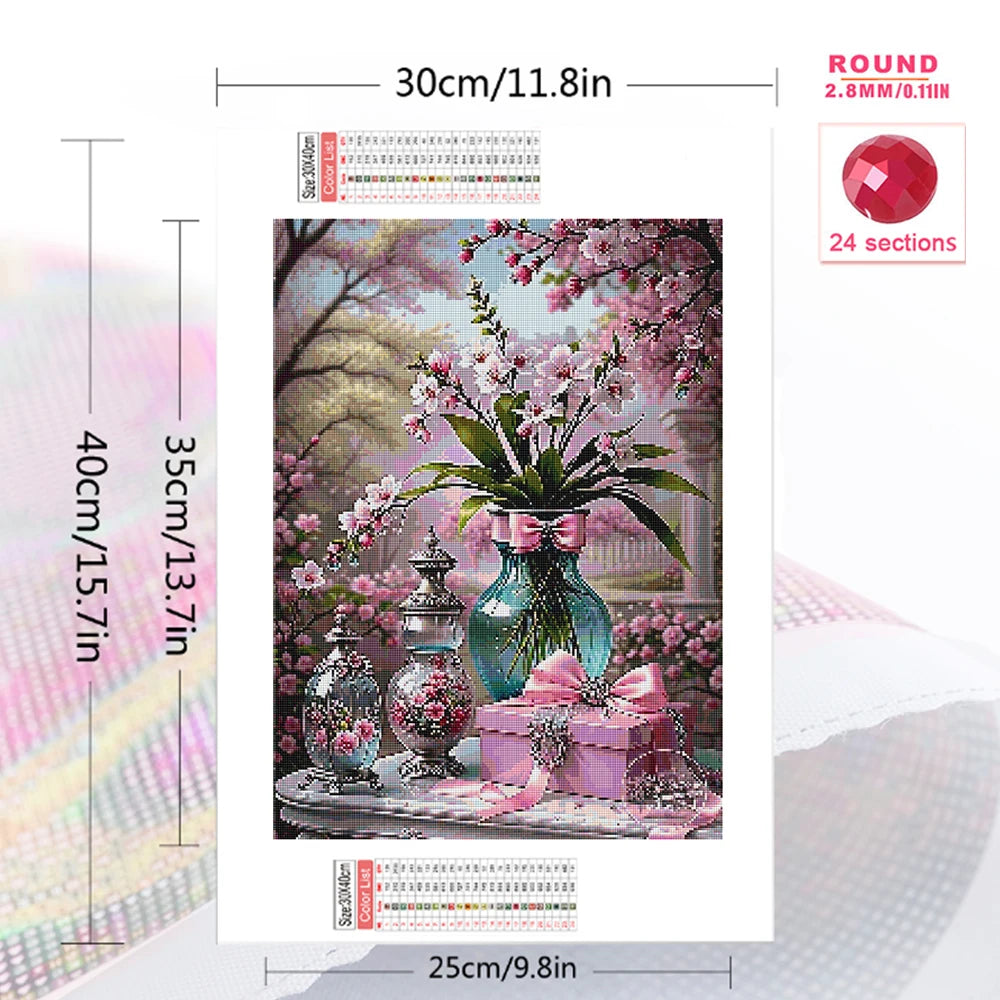 broderie diamant bouquet fleurs cerisier vases transparents motifs floraux diy rose blanc vert turquoise