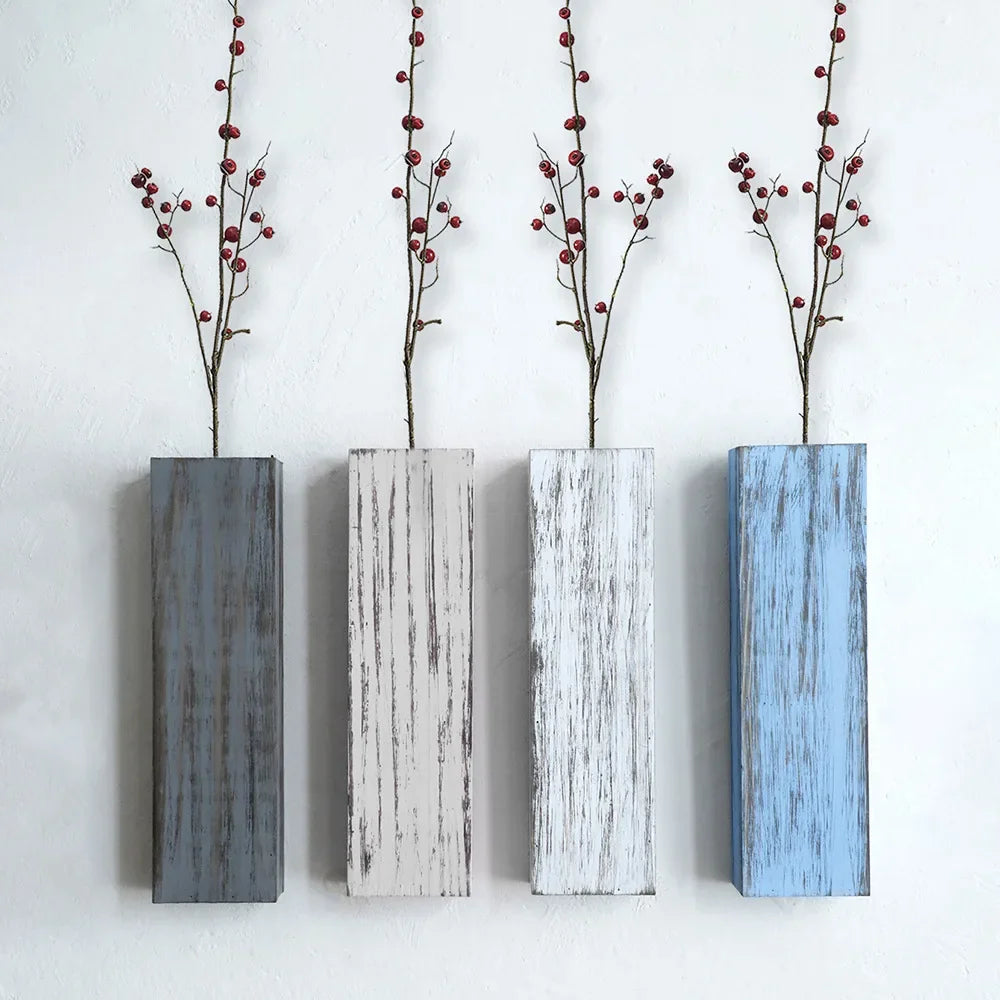 vases bois rustique couleurs gris rose bleu blanc branches baies rouges decoration murale respectueux