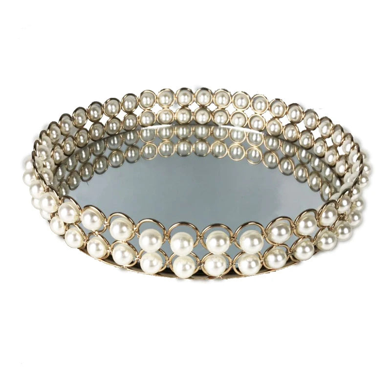 plateau decoratif blanc doré miroir classique clips assiette rond verre