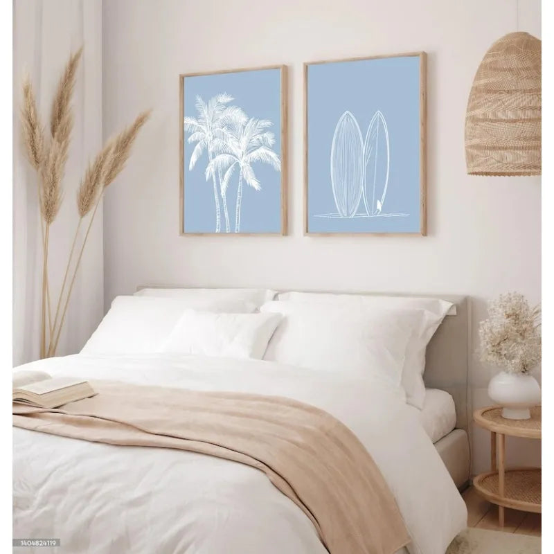 affiches modernes palmiers surf salon chambre toile impression rectangulaire vertical minimaliste bleu clair blanc