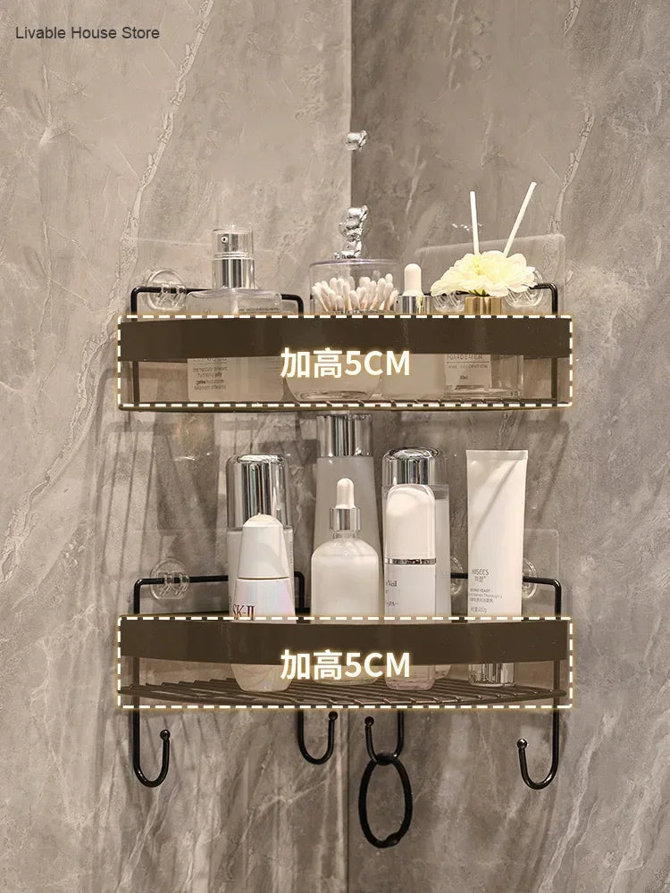 étagère salle bain dorée grille métal moderne fixée suction rangement produits toilette crochet