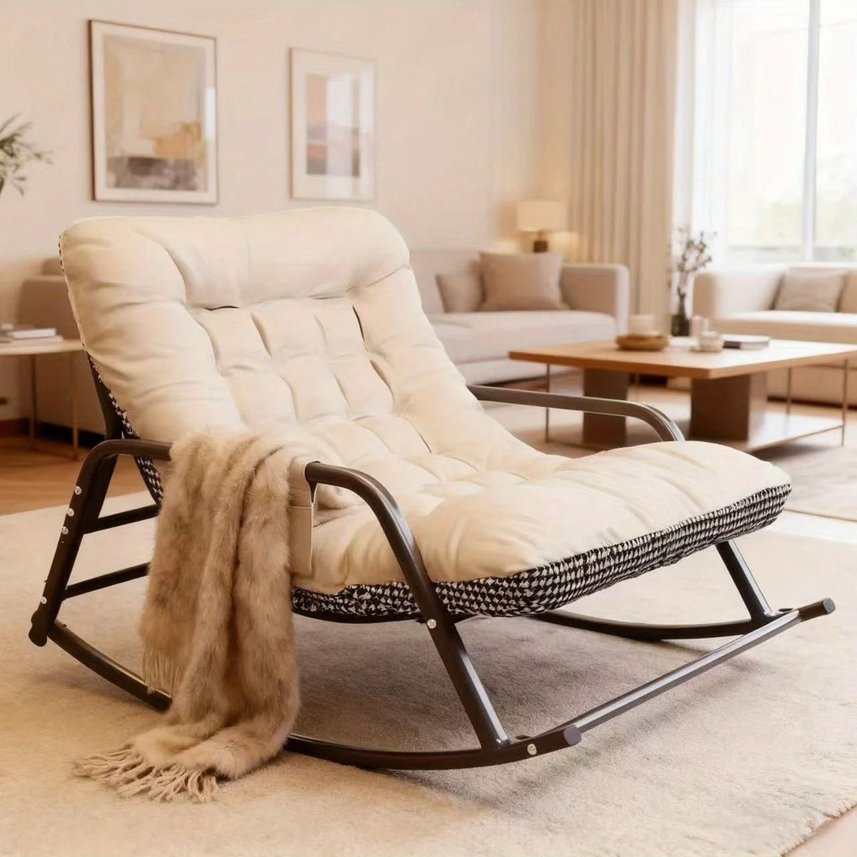 fauteuil bascule moderne deux places marron blanc gris orange coussins texturés chambre salon