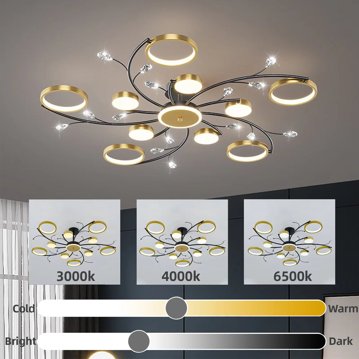 plafonnier led or noir floral éclairage moderne télécommande suspension chambre salon