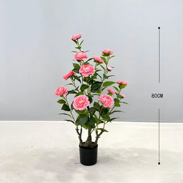 plante artificielle camélia fleurs roses blanches feuilles vertes pot décoration intérieur extérieur grande taille