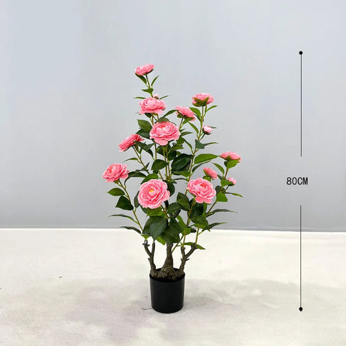 plante artificielle camélia fleurs roses blanches feuilles vertes pot décoration intérieur extérieur grande taille