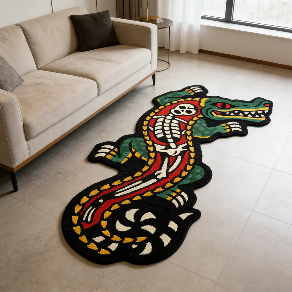 tapis moderne vert rouge noir motif crocodile points blancs salon chambre décoration tendance polyester