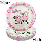 assiettes jetables vache rose anniversaire coeurs happy birthday serviettes fourchettes gobelets guirlande thème vache