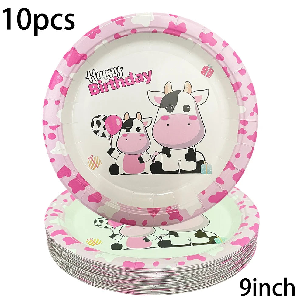 assiettes jetables vache rose anniversaire coeurs happy birthday serviettes fourchettes gobelets guirlande thème vache