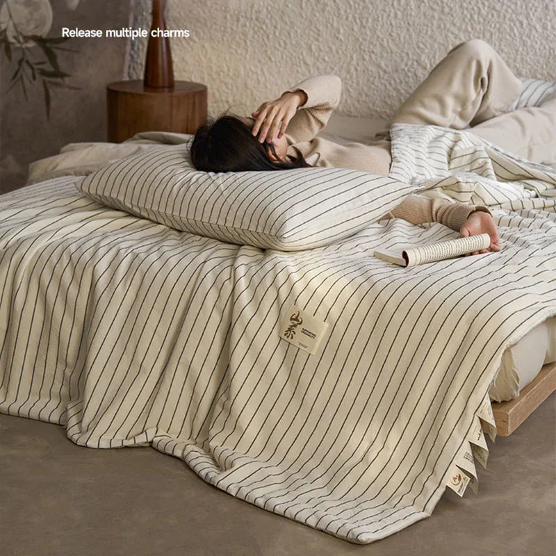 couette été coton 100% rayée beige verte simple nordique 150x200cm 200x230cm lavable