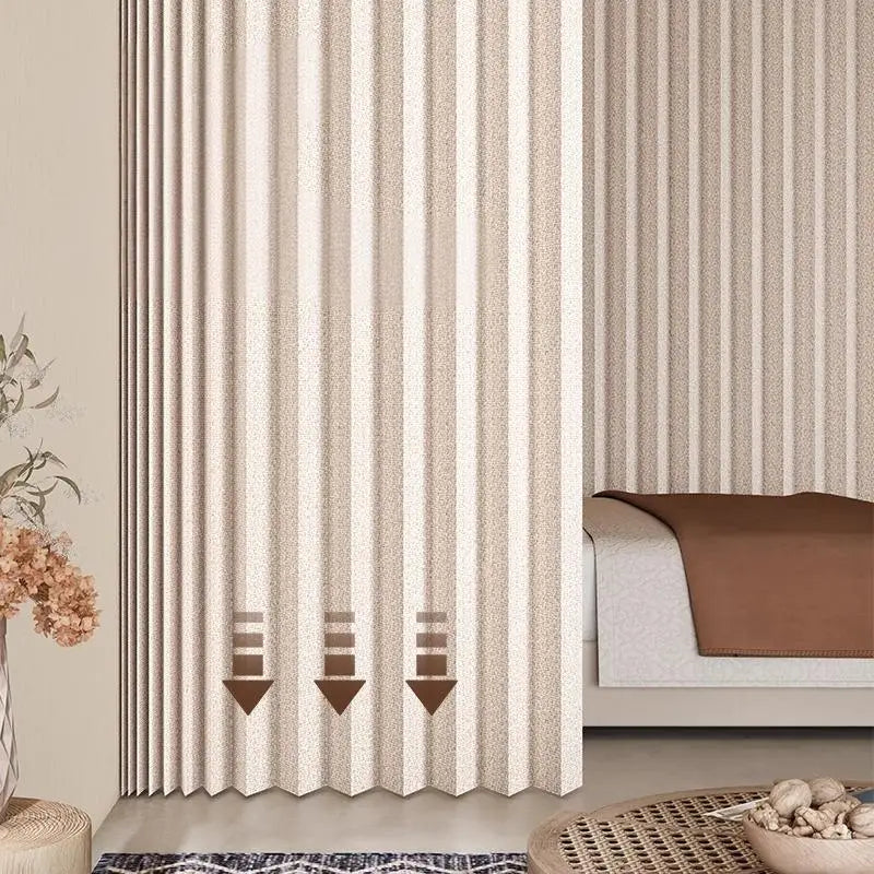 rideau invisible beige rayures horizontales moderne barre anti poussière rangement ordonné