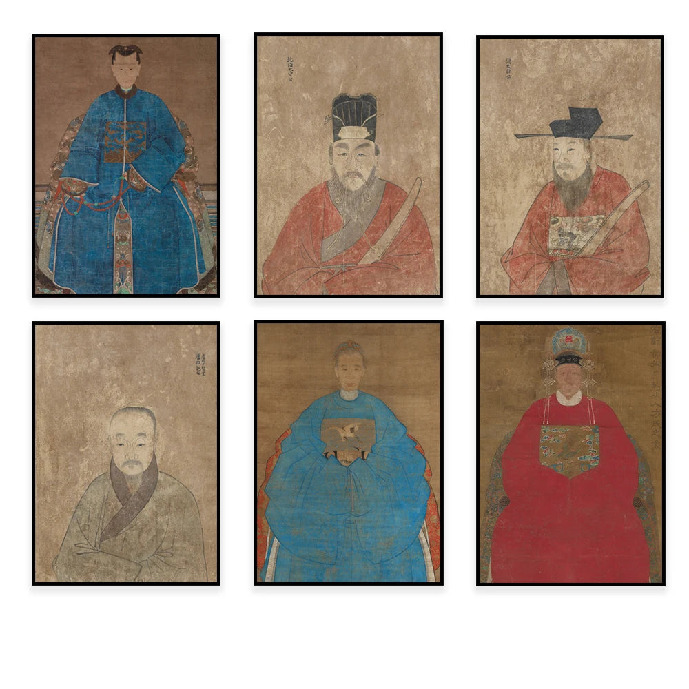Série d'illustrations chinoises anciennes représentant des personnages historiques et religieux dans leurs tenues traditionnelles.