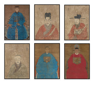 tableaux asiatiques portraits hommes costumes traditionnels cadres bois clair minimaliste modernes six ensembles