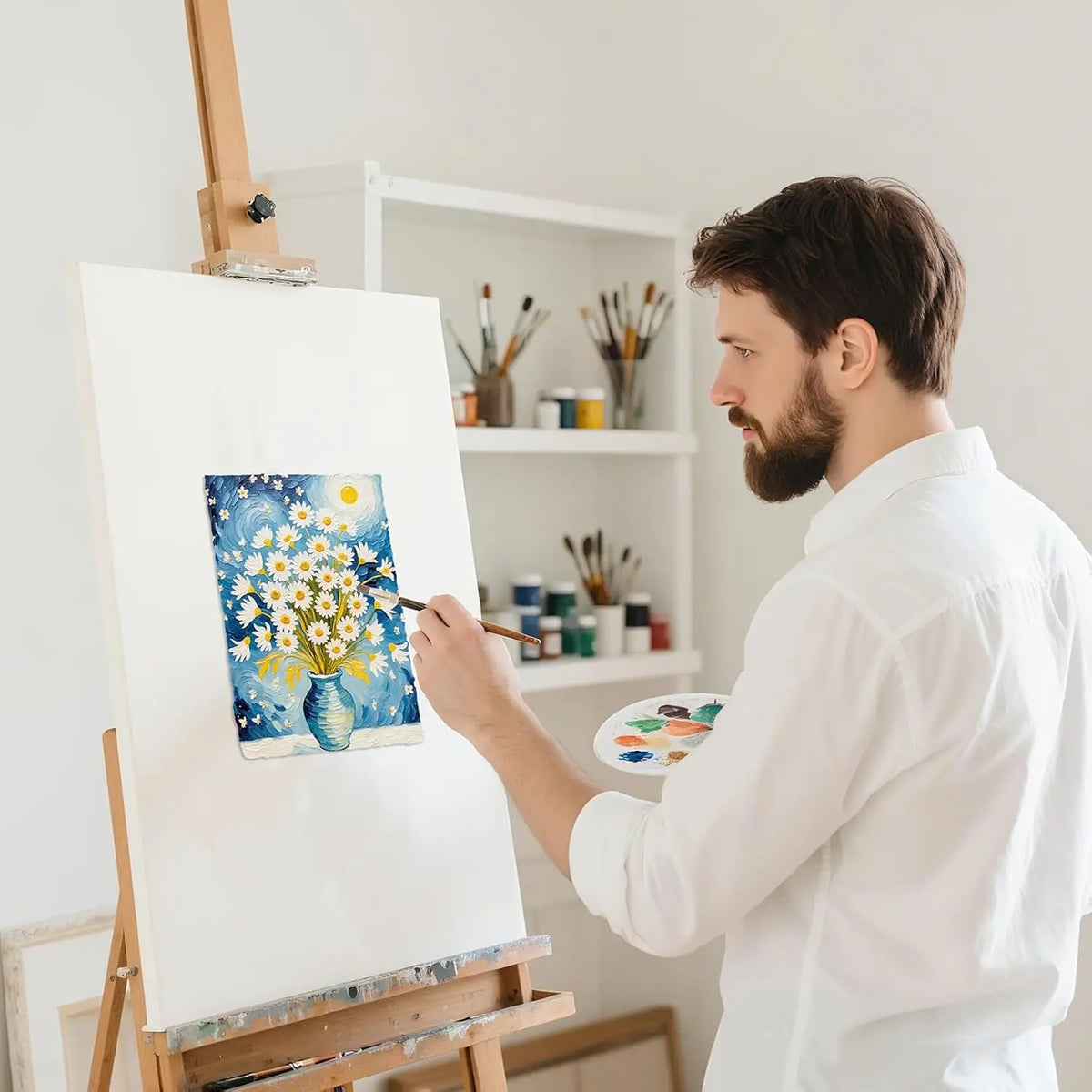 feuilles aquarelle blanc fleurs bleues texture rugueuse artisanal 300gsm clips pinceaux palette peinture boîte