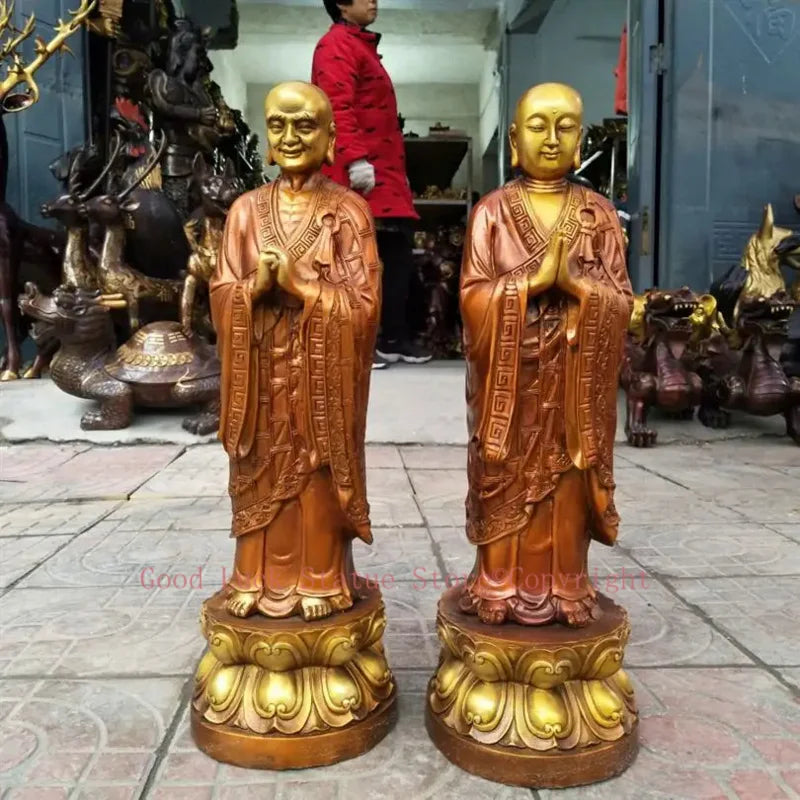 statues bouddha bronze or traditionnel asiatique bouddhiste drapé texture lisse socles ornés 47cm haute
