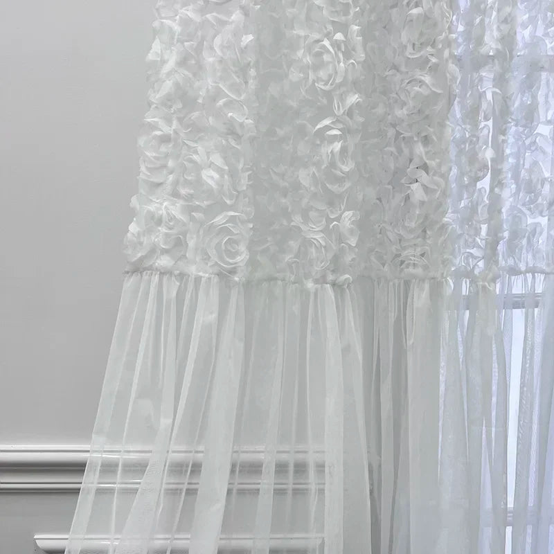 rideau blanc fleurs relief tulle romantique élégant anneaux chambre maison