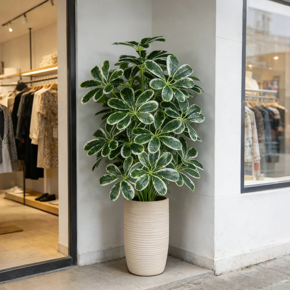 plante artificielle grandes feuilles motif blanc pot texturé couleur crème décoration intérieure extérieure
