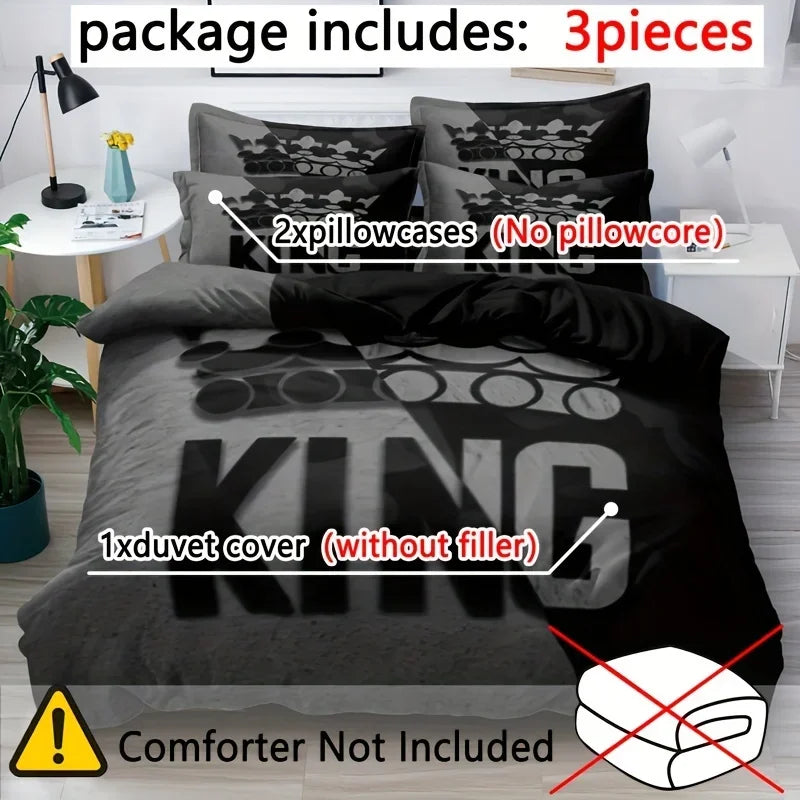ensemble literie king size noir gris motif graphique moderne housse couette taies d'oreiller polychéton
