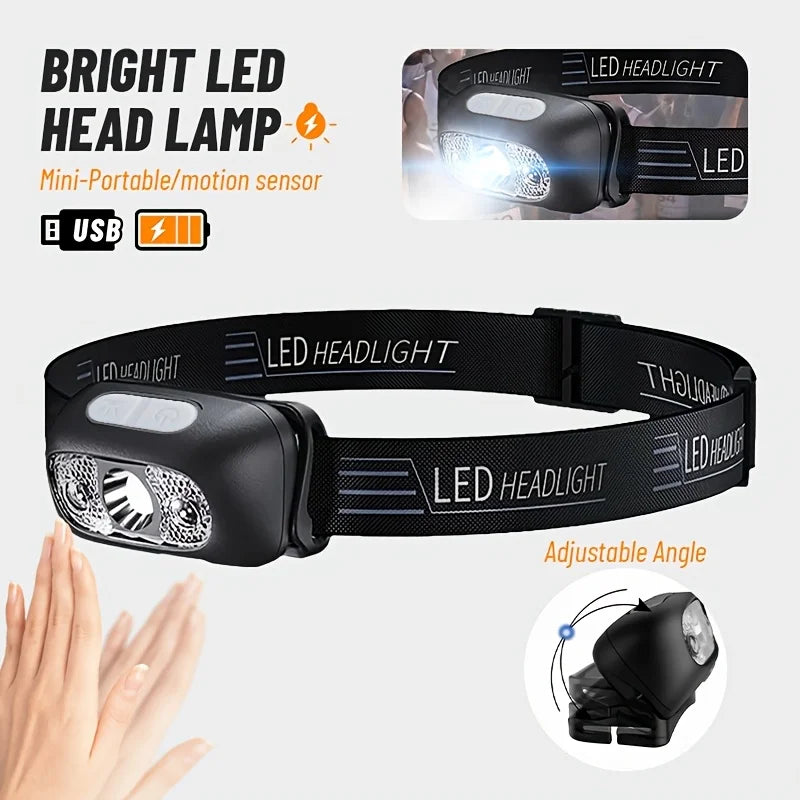 lampe frontale led rechargeable usb ceinture ajustable camping pêche lumière blanche jaune noire moderne