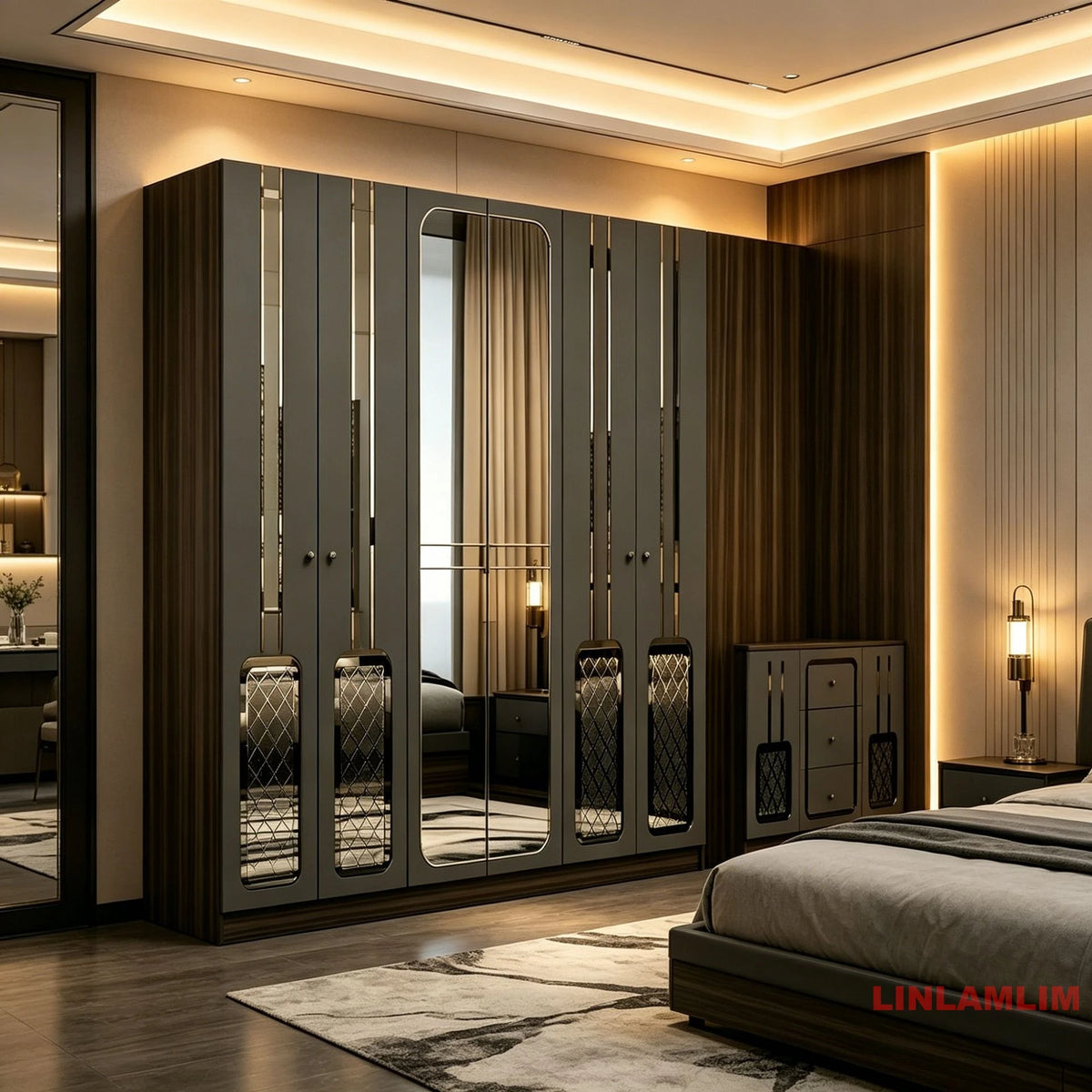ensemble chambre coucher moderne lit tête rembourrée armoire miroir commode tiroirs tables chevet