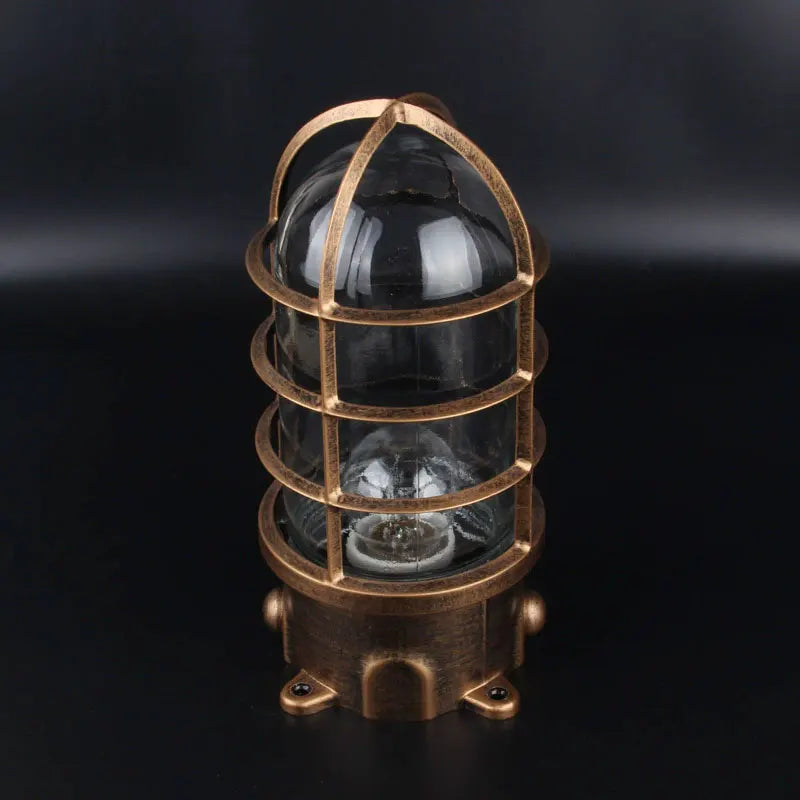 Lampe sécurité industrielle vintage fonte noire bronze bleu clair verre transparent grille métallique