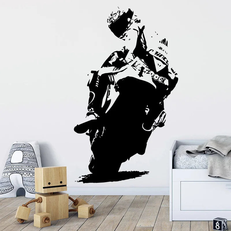 sticker mural silhouetté motard mouvement noir graphique chambre enfants moderne