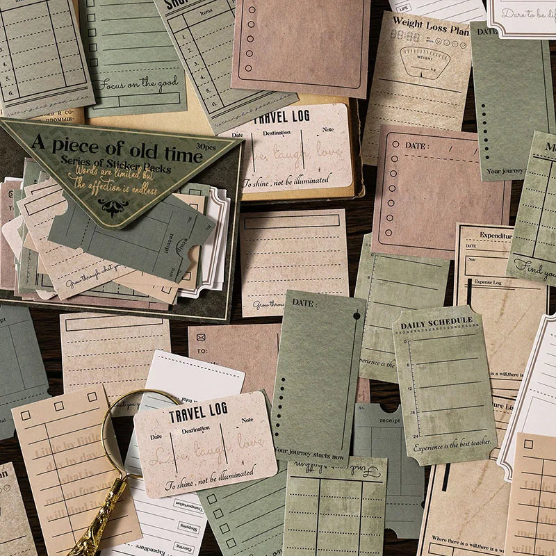 autocollants vintage rétro textes imprimés décoratifs boîte bois stylos loupes fleurs sèches livres