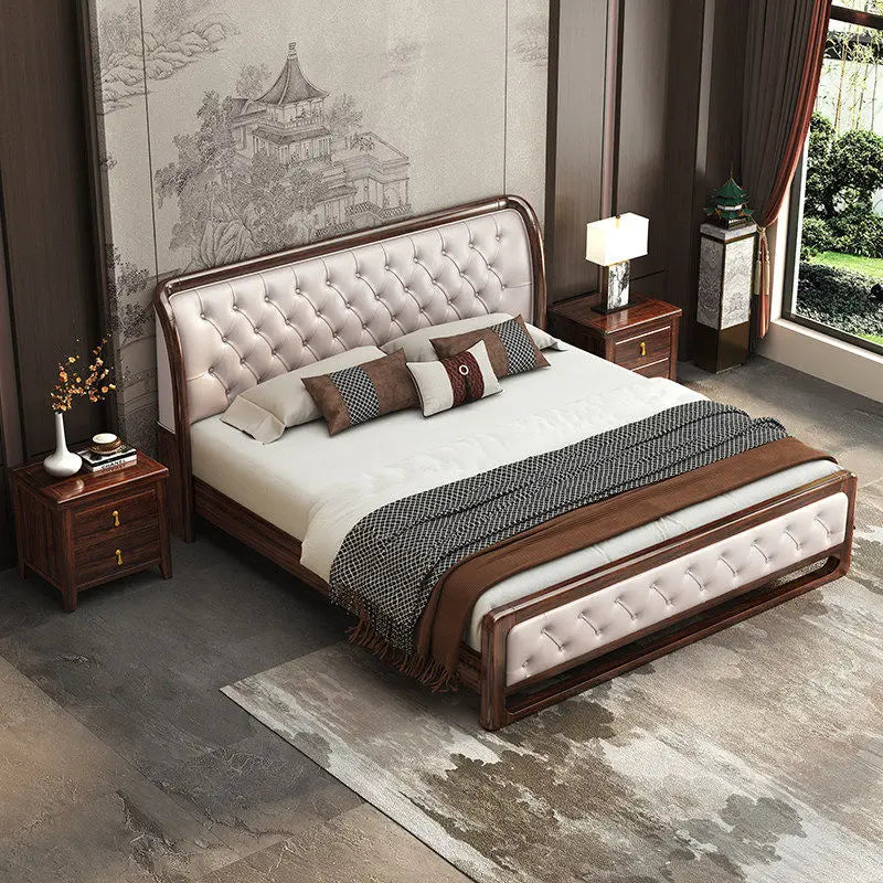 lit double bois massif capitonné cuir marron beige moderne chambre coucher rangement luxe