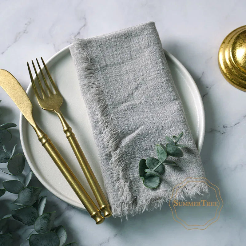 serviettes cuisine rustiques coton noir orange beige blanc rose pâle franges rustic naturel