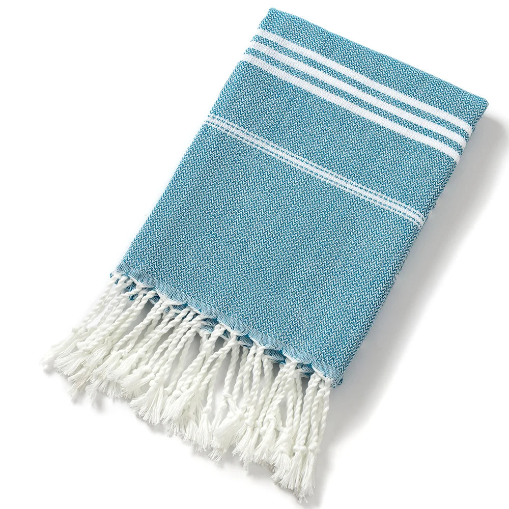serviette plage coton rayée bleu clair rose franges rapide absorption moderne rustic