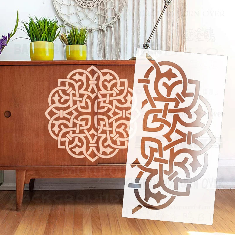 Stencil géométrique blanc brun artisanal décoration peinture murale adhésif 30cm 60cm 50cm