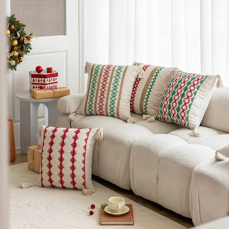 coussin patchwork géométrique rouge vert noël moderne décoration maison festive amovible lavable