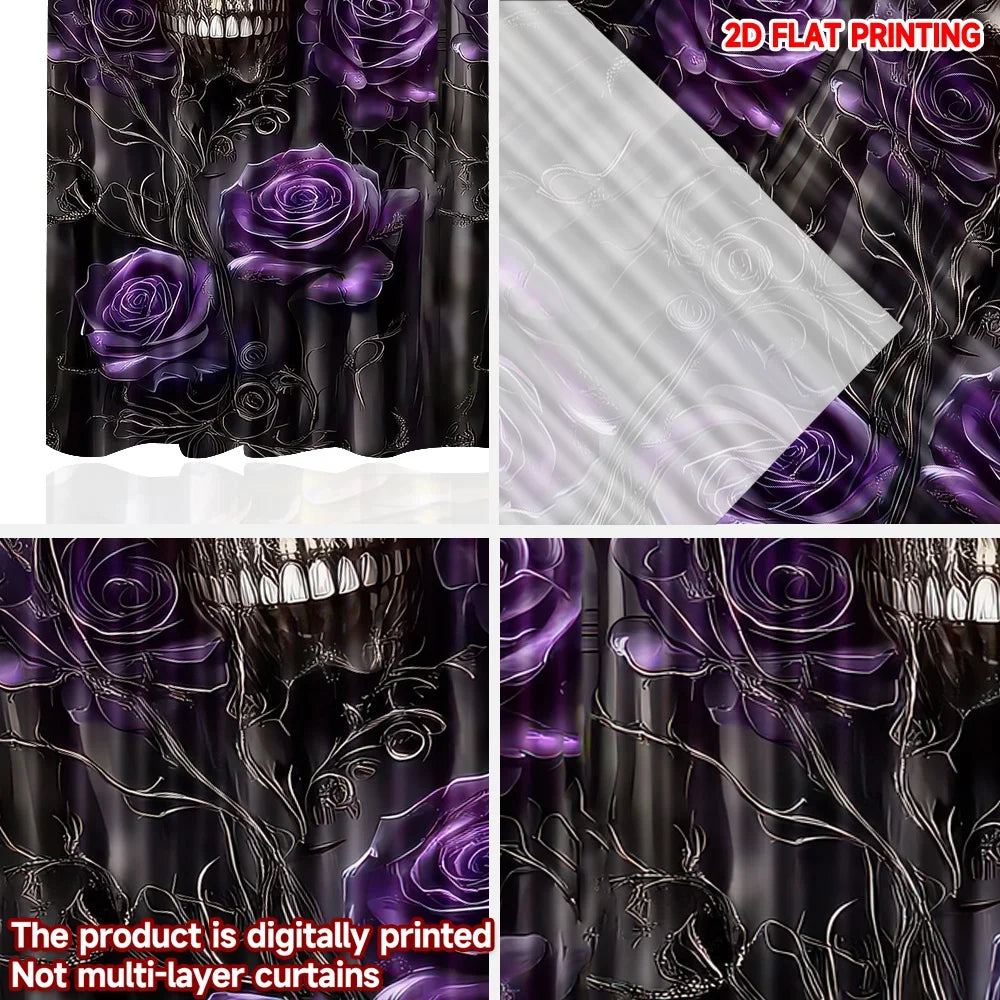 rideau noir violet crâne roses stylisés polyester moderne gothique halloween festif 132x240cm
