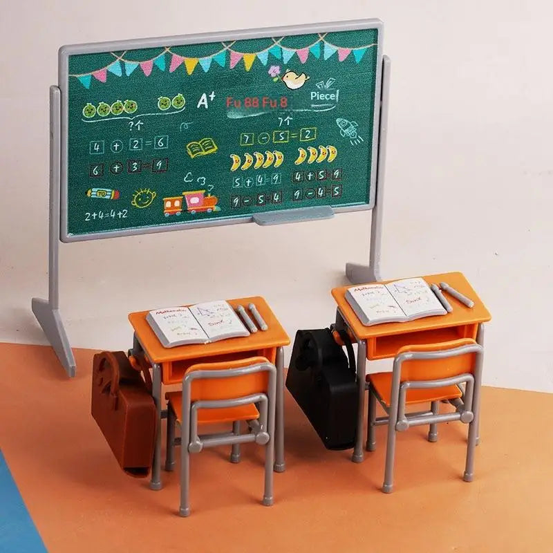 accessoires poupée mobilier scolaire miniature chaises table sac dos crayons livres motifs scolaires modernes