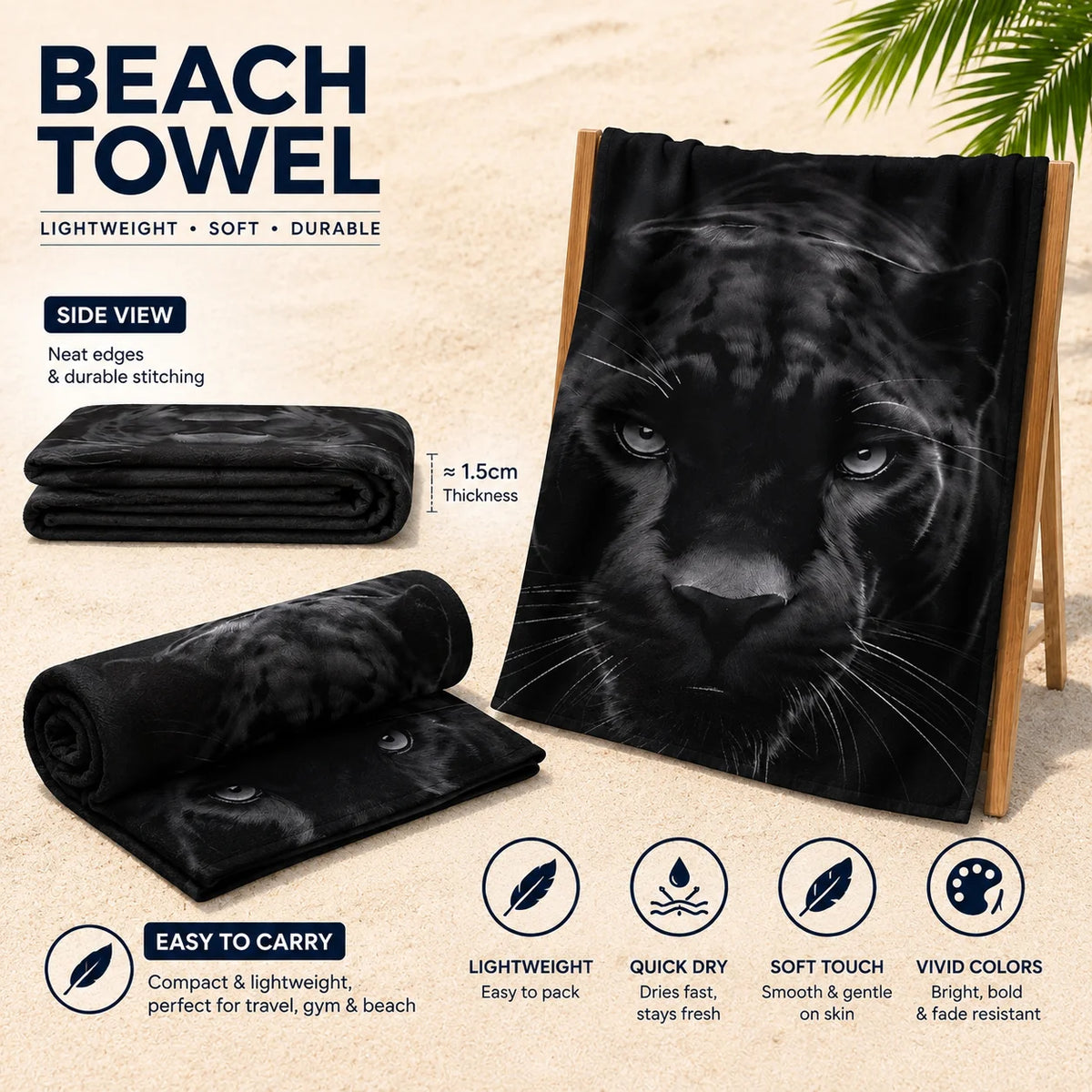 serviette plage imprimé jaguar noir moderne grande taille absorption rapide polyester haute qualité