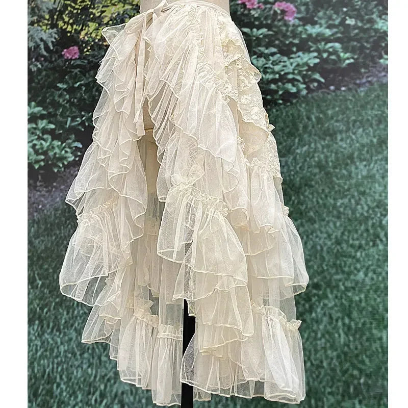jupe femme lolita blanche dentelle volants superposés vintage romantique ceinture nouer taille ajustable