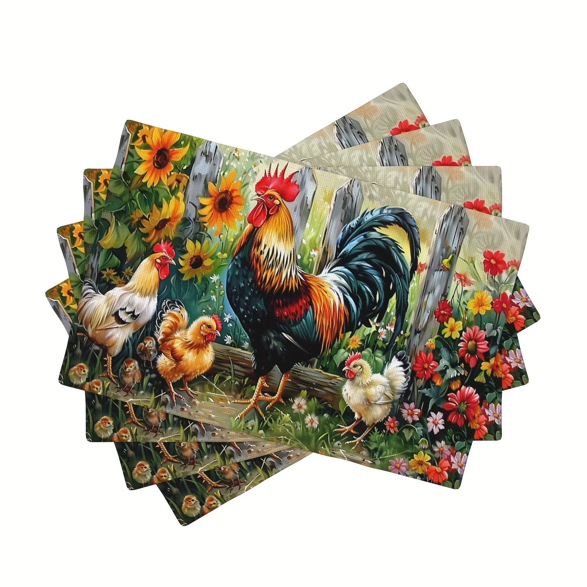 tapis table multicolore illustration coq poussins jardin fleuri classique artisinal rectangle lin
