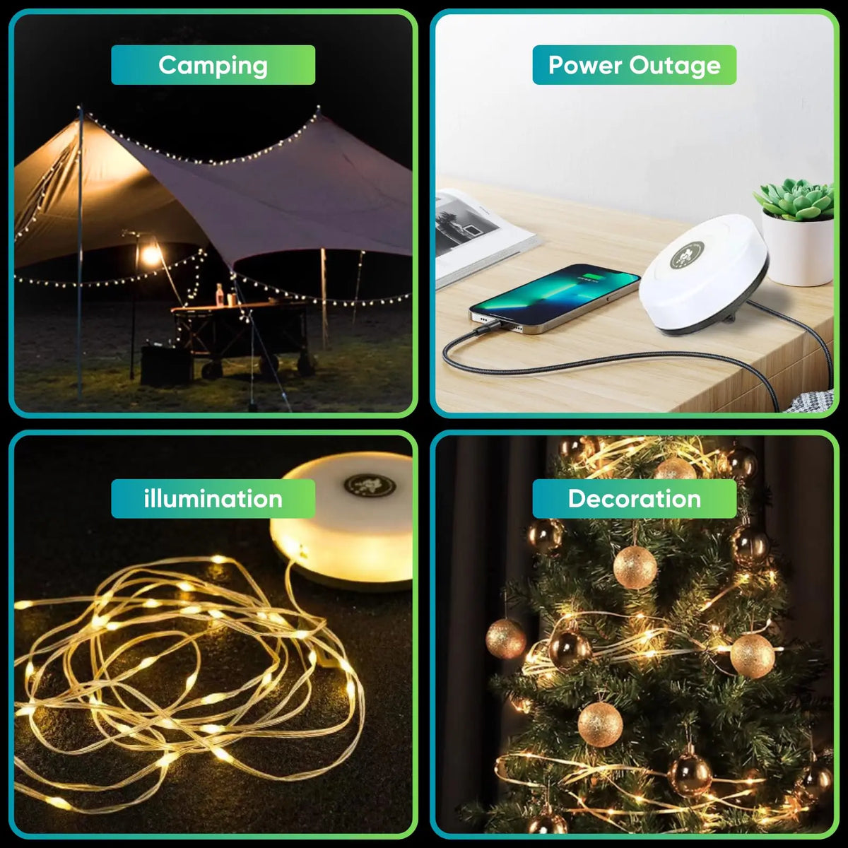 guirlande lumineuse camping rechargeable led flexible modes éclairage portable extérieur rustique moderne