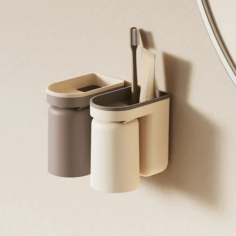 organisateur mural moderne salle bain support brosse dents récipient cylindrique beige clair gris foncé