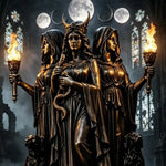 statue murale hécate bronze doré art déco gothique triple déesse torches chiens lune base
