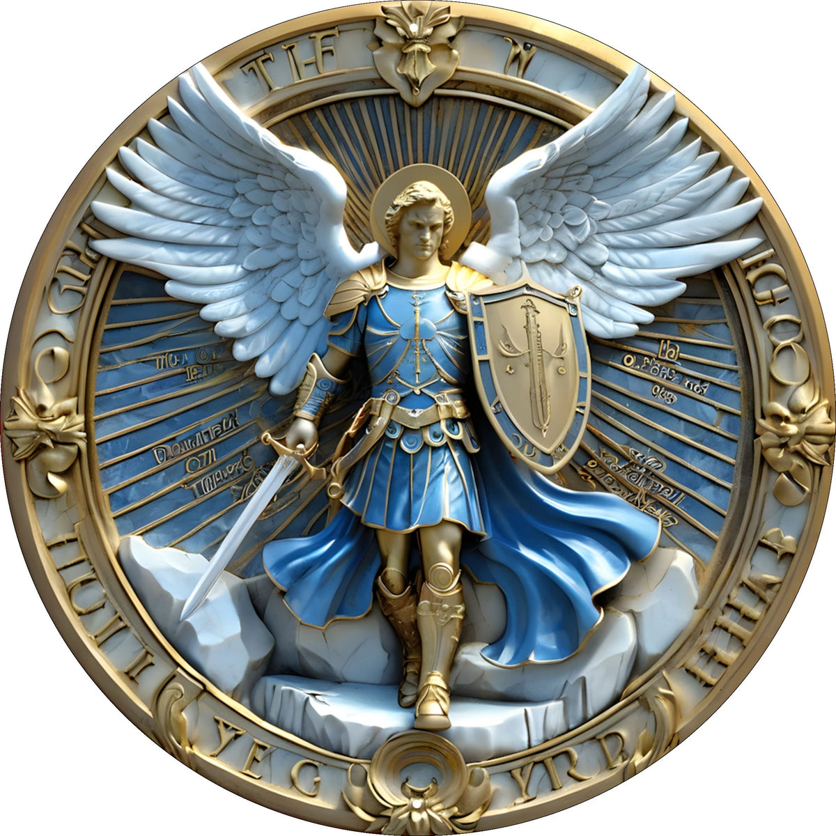 plaque décorative bois relief ange armé bleu doré artisanal classique support pieds