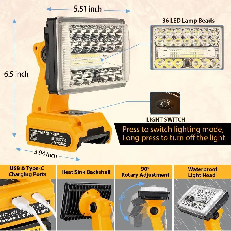 lampe travail led portable bleu jaune rouge usb type makita dewalt milwaukee bosch