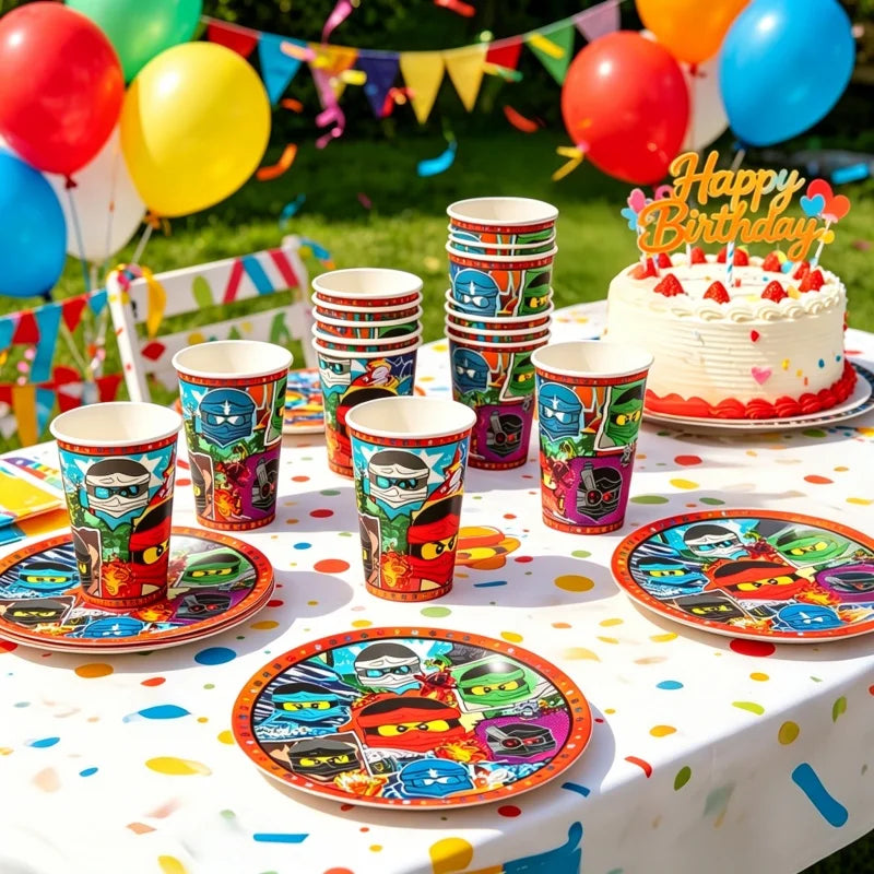 décoration anniversaire ninja multicolore bracelets assiettes verres festif enfants pack 20 assiettes 10 verres
